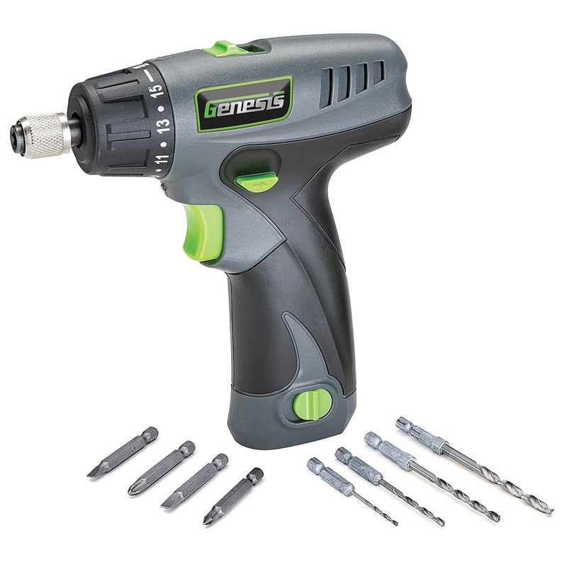Genesis GLSD08B 8V Lithium-Ion Battery-Powered Quick-Change 2-Speed Cordless Screwdriver with LED Work Light, Battery Pack, Charging Stand, 4 Hex-Shank Drill Bits, and 4 Screwdriver Bits - Image 1